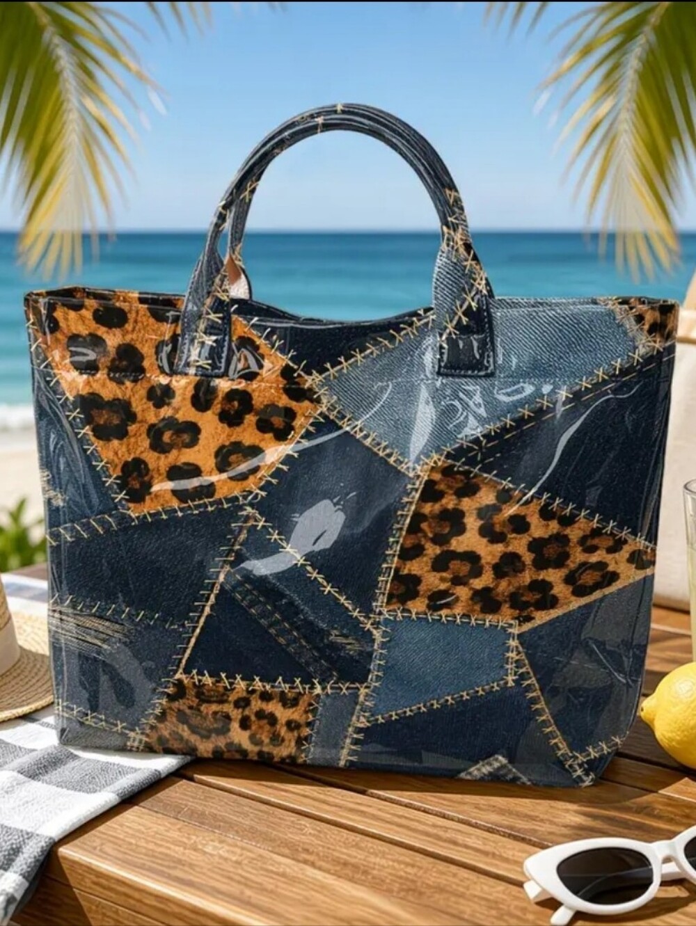 Safari Denim Patch Look PVC Tote Shoulder Bag - Picture 6 of 8